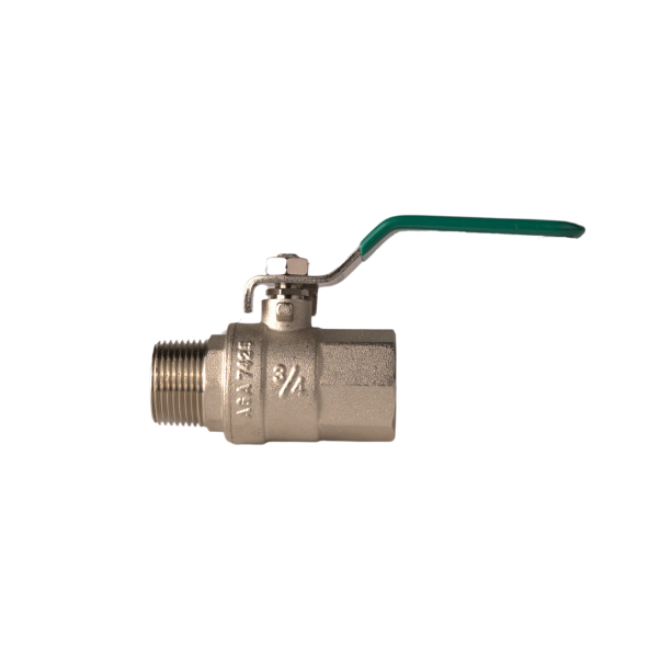 Brass ball valve with a green lever handle, featuring a male threaded end on the left and a female threaded end on the right, marked with '3/4' and 'AS/NZS' for gas and water applications.