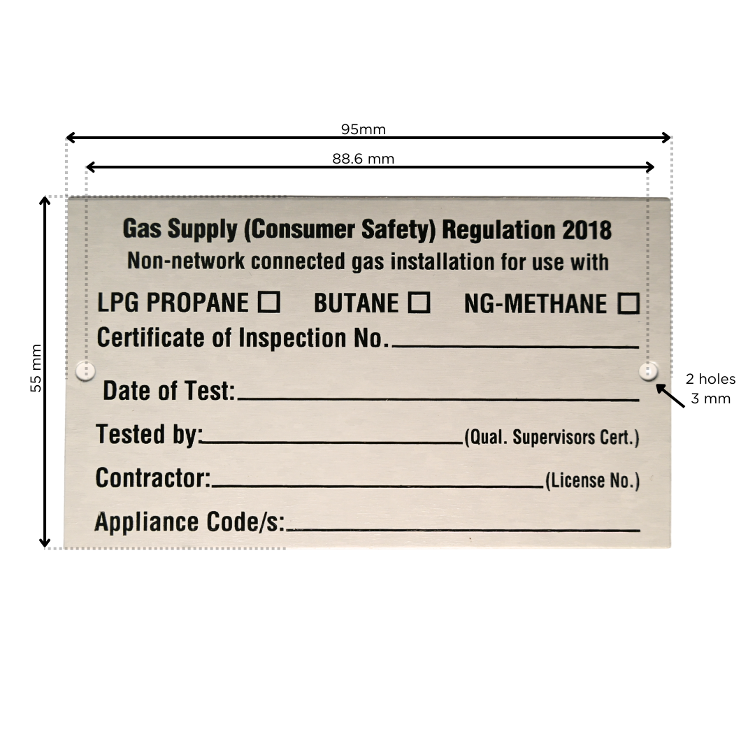 Gas compliance plate with dimensions of 95mm x 55mm, used for non-network connected gas installations. Features checkboxes for LPG Propane, Butane, and NG-Methane, along with fields for Certificate of Inspection Number, Date of Test, Tested by (Qualified Supervisor Cert.), Contractor (License No.), and Appliance Code(s). The plate has two 3mm holes for mounting.