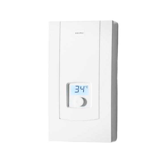 White Bromic 3-Phase Instant Electric Hot Water Heater with a compact, modern design, digital temperature display showing 34°C, and a single control knob below the screen.