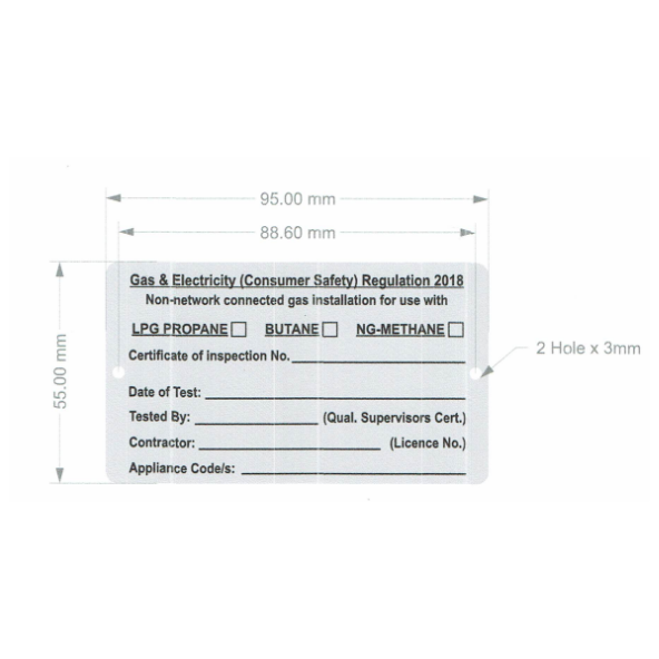 A rectangular gas installation inspection label with dimensions of 95 mm width and 55 mm height. It is titled 