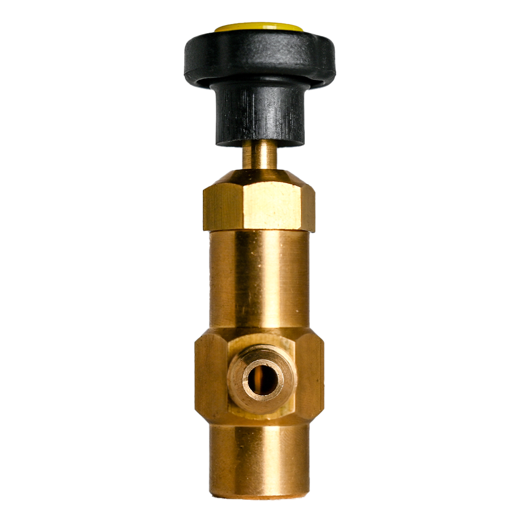 A close-up image of an AC37 valve with a black and yellow control knob on top, showcasing its durable metal construction and threaded connection points for secure fittings.