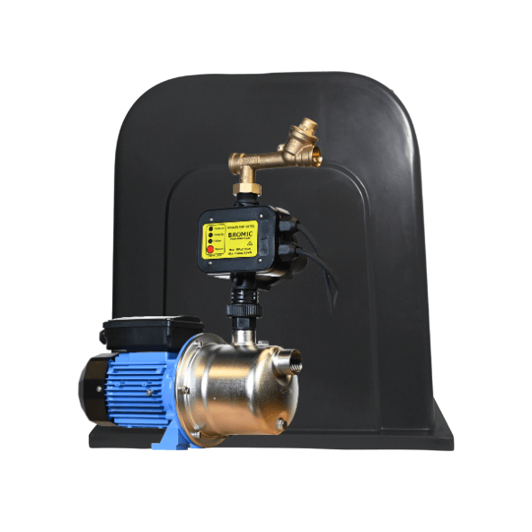 Bromic water pump system with a blue electric motor, stainless steel pump housing, and a brass pressure controller. The system is accompanied by a durable, monument grey weather-resistant pump cover with a curved top and reinforced base.