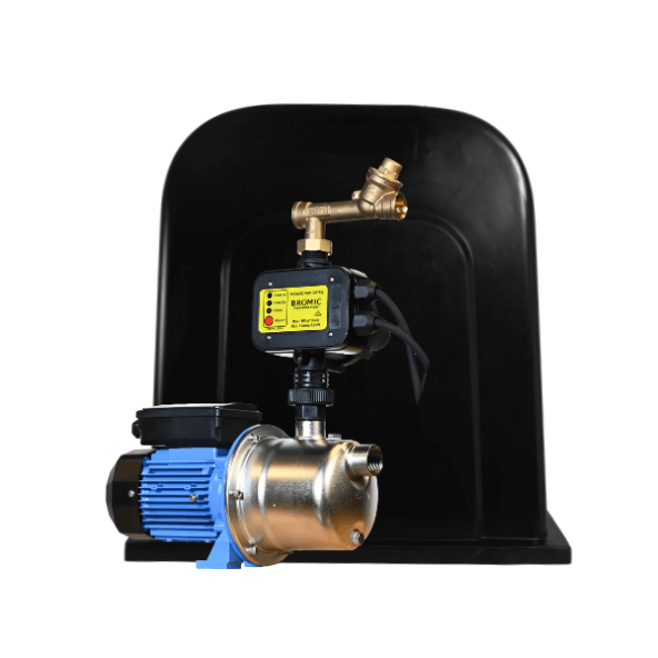 Bromic water pump system with a blue electric motor, stainless steel pump housing, and a brass pressure controller. The system is accompanied by a durable, night sky weather-resistant pump cover with a curved top and reinforced base.