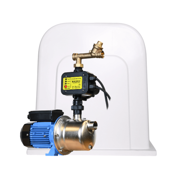 Bromic water pump system with a blue electric motor, stainless steel pump housing, and a brass pressure controller. The system is accompanied by a durable, surf mist weather-resistant pump cover with a curved top and reinforced base.