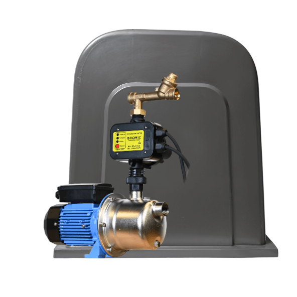 Bromic water pump system with a blue electric motor, stainless steel pump housing, and a brass pressure controller. The system is accompanied by a durable, slate grey weather-resistant pump cover with a curved top and reinforced base.