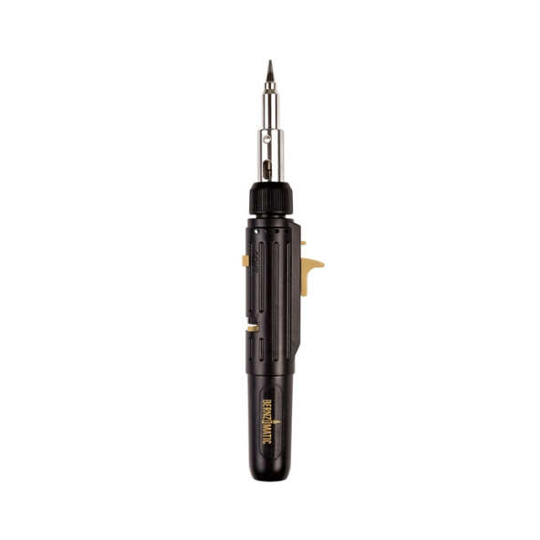 Black handheld butane soldering iron with a pointed metal tip, labeled with the Bernzomatic brand, designed for precision soldering tasks.